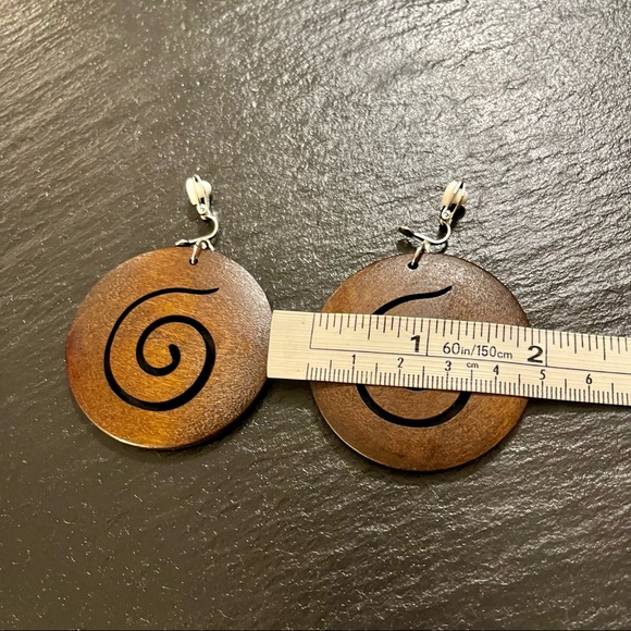 Boho Wooden Dangle Drop Clip On Circle Shape Laser Cut Earrings - Picture 2 of 4